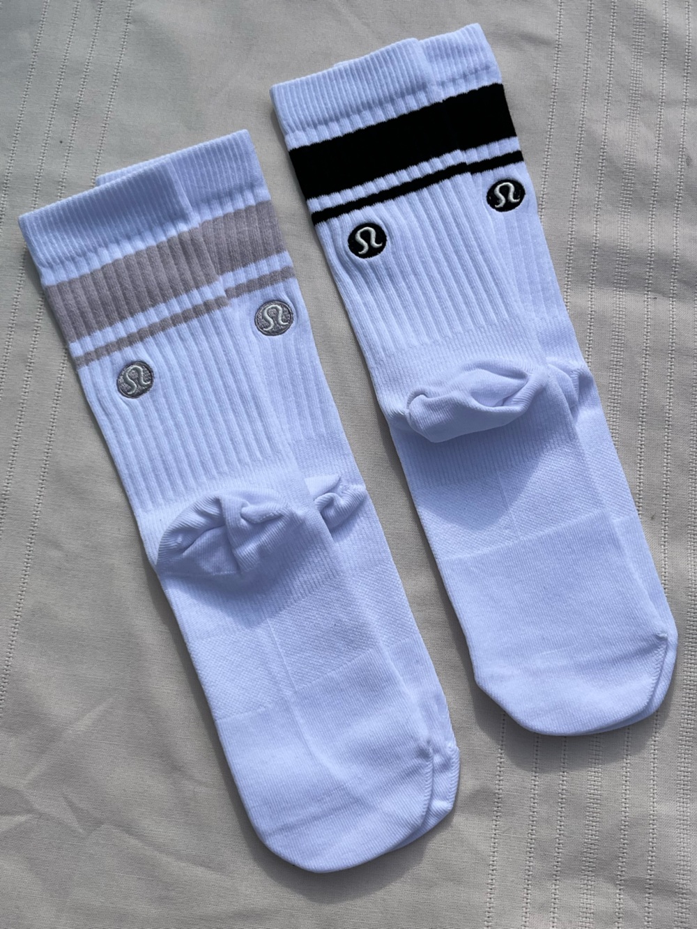 lululemon Daily Stride Ribbed White Socks with Black/Taupe Stripes 2 Pair